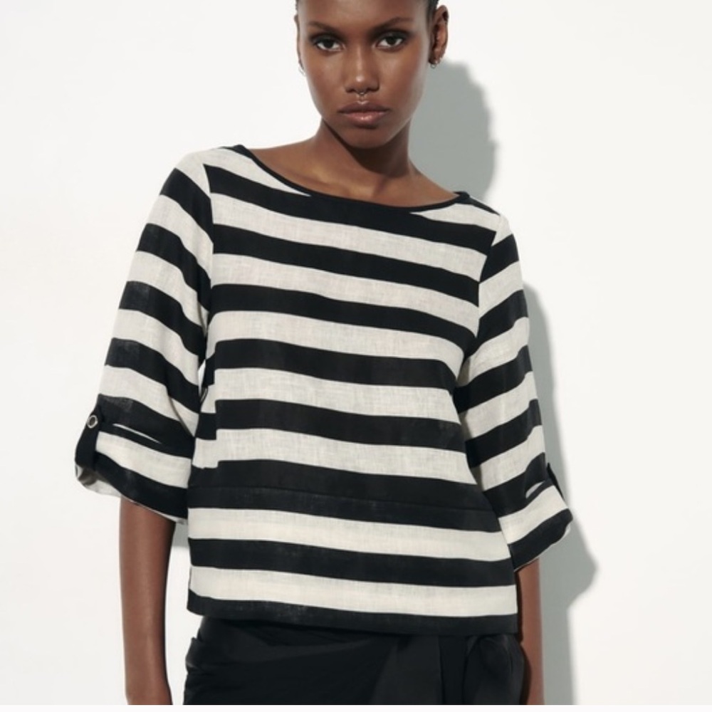 Zara Black and White Striped Boatneck Blouse